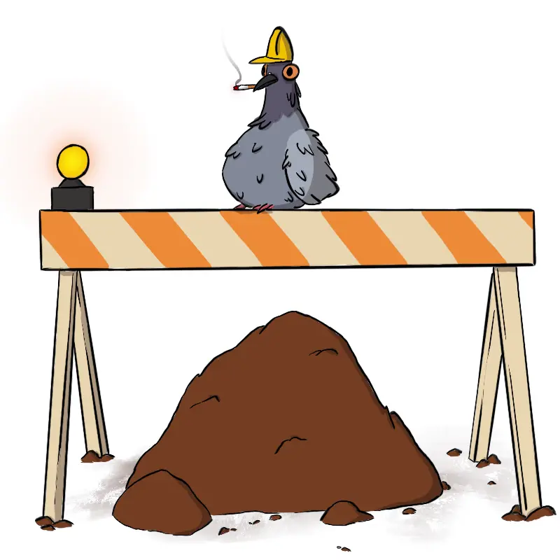 A pigeon wearing a hard hat, smoking, sitting on a construction barrier over a pile of dirt
